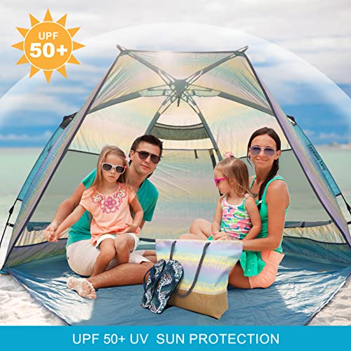 Beach Tent Sun Shelter for 4-6 Person - Pop Up Beach Tent UPF 50＋ UV Protection, Lightweight and Easy Setup Cabana, Extendable Floor with 3 Ventilating Windows, Carrying Bag