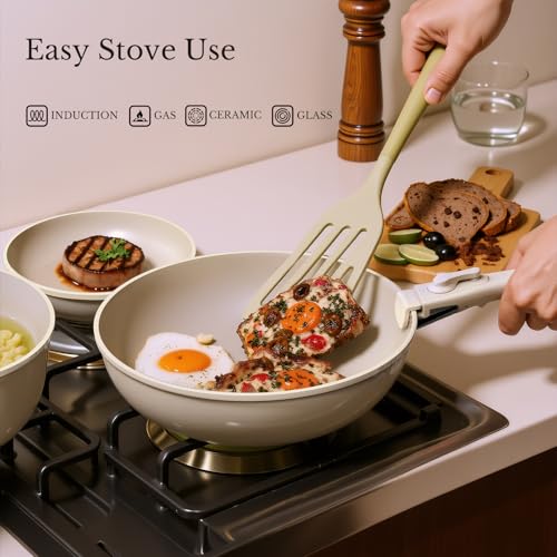Pots and Pans Set Non Stick, Ceramic Cookware Set Detachable Handle, RV Camping Kitchen Cooking Set Removable Handles, Dishwasher/Oven/Fridge Safe, Induction, Space Saving，Cream White - color: Cream White