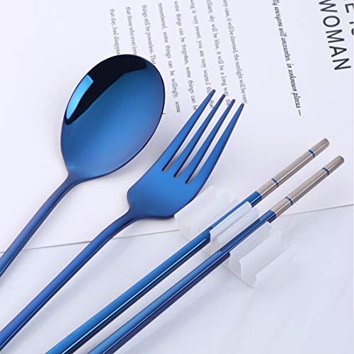 3 PCS Stainless Steel Travel Camping Flatware Set Fork Spoon Chopsticks with Portable Case, Blue - color: Blue