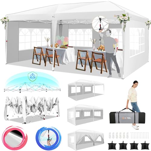 HOTEEL 10x20 Pop Up Canopy Tents for Parties, Outdoor Tent with 6 Sidewalls & 8 Wind-Resistant Rods & Carry Bag, Easy Setup for Wedding, Patio Events, Commercial, Waterproof and UV50+ Protection,White - color: White, size: 13x26FT (+4 Walls)