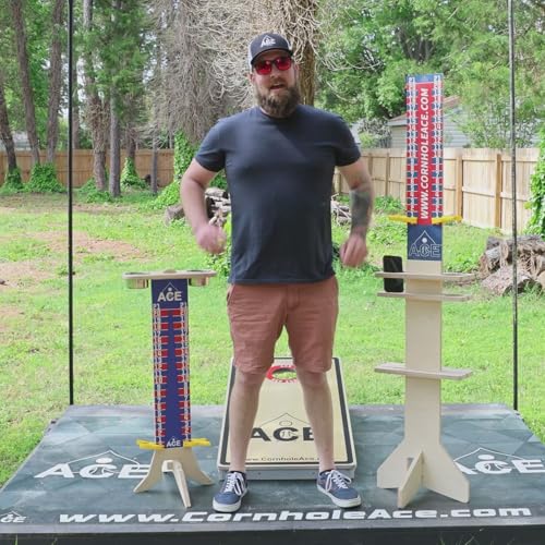 CornholeAce Elite Cornhole Scoreboard 3ft or 5.5ft Tall Hardware Free Stand with UV Printed Score Panel 0 to 21 Phone Tablet Scorekeeping Area Livestream Shelf 2 Drink Holders - size: 3 FT