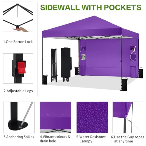Tunbne 12'x12' Pop Up Canopy Tent with 1 Sidewall and 6 Pockets, One Push Setup, Case, 8 Stakes, 4 Ropes, 4 Sandbags (Purple, 12x12) - color: Purple, size: 12x12
