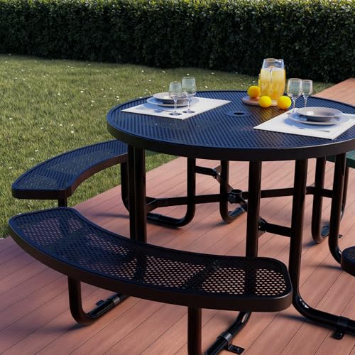 Metal Picnic Tables for Outdoors with Umbrella Hole - Coated Steel Heavy Duty Commercial Grade Furniture Set with Adjustable Seats (Black, 46 in, Round, Punched Steel) - color: Black, size: 46 In, Round, Punched Steel
