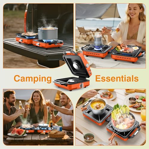 ODSD 2 Burner Camping Stove with Windshield, 20000 BTU Propane Camp Stove, Portable Folding Gas Stove, Camping Essentials Gear Includes Frying Pan, Coffee Stand & Carry Bag, Orange - color: Orange