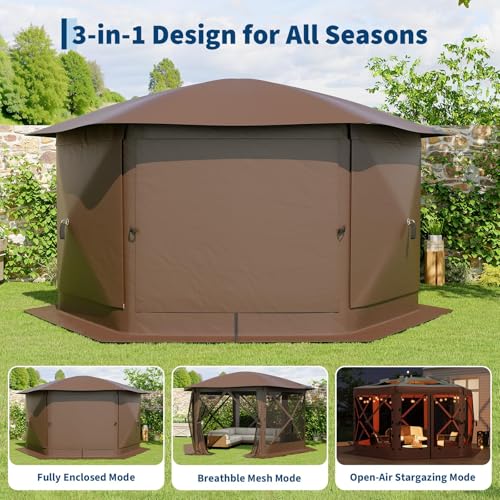 GarveeLife 11.5x11.5FT 6-Sided Pop Up Gazebo Tent，One-Push Setup Canopy Tent with Mesh Panels & Removable Wind Cloths, Outdoor shelter for Camping, Backyard Parties, Outdoor Events - Beige & Khaki - color: Beige & Khaki, size: Removable Top - 11.5ft