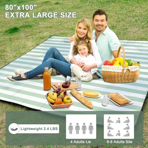 ZUBOND Picnic Blanket 80''x100'', Waterproof Sandproof Beach Outdoor Camping Mat Extra Large Foldable Gingham Big Travel Essential Accessories Gift Park Patio Lawn Garden Grass Ground Music Festival - color: Green White, size: 80 x 100 Inch