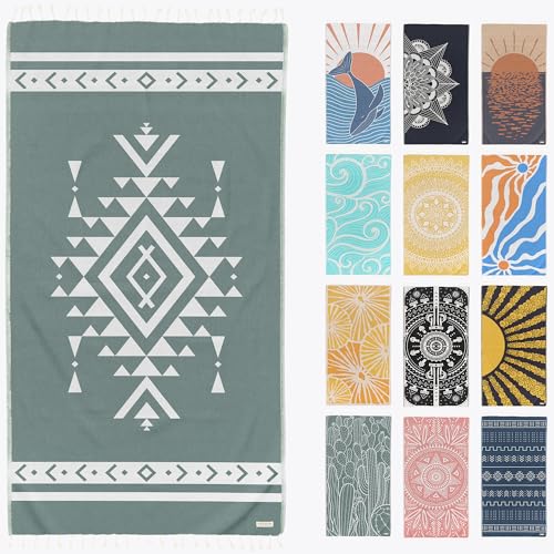 FESHKA Sand Free Turkish Beach Towel (37 x 67) Quick Dry Bath Towel, Oversized Beach Blanket, Lightweight for Travel - Made with 100% Organic Turkish Cotton - Aztec (Green) - color: 19 - Dark Green