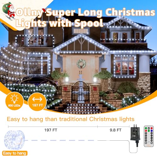 Ollny Christmas Lights Cool White, 600LED 197FT Christmas Tree Lights IP67 Waterproof, Plug in Fairy Lights with Remote 8 Modes Timer, Xmas Light for Outdoor Indoor House Holiday Decor - color: Cool White, size: 600 LEDs