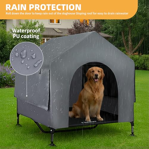 42" Dog House Outdoor Indoor with Breathable Mesh Windows, 2-in-1 Outside Dog House Elevated Dog Bed Cot Dog Tent Shade Shelter, Easy to Assemble & Clean (42 INCH) - size: 42 INCH