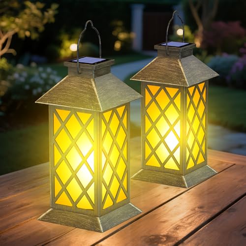 2 Pack 13" Solar Lanterns with Flickering Flame Candle, Outdoor Waterproof Hanging Lantern Lights Metal & Glass for Patio, Pathway, Garden Decorative, Gifts for Mom - style: Bronze-Cross01