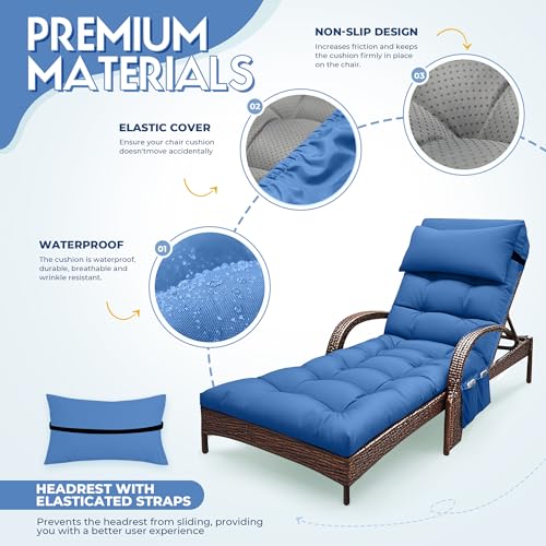 Outdoor Chaise Lounge Cushion, Waterproof Lounge Chair Cushion for Outdoor Furniture, 71 x 21 x 4 Inches Patio Cushion with Straps for Lawn Pool Furniture (Royal Blue, Lounge Chair Cushion) - color: Royal Blue