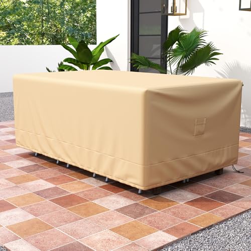 Tangkula Patio Furniture Covers, Outdoor Table Cover Waterproof with Padded Handle & Click-Close Straps, Air Vent, Heavy Duty PU, Rectangle Patio Cover for Outdoor Furniture, 90" W x 50" D x 32" H - size: 90" W x 50" D x 32" H