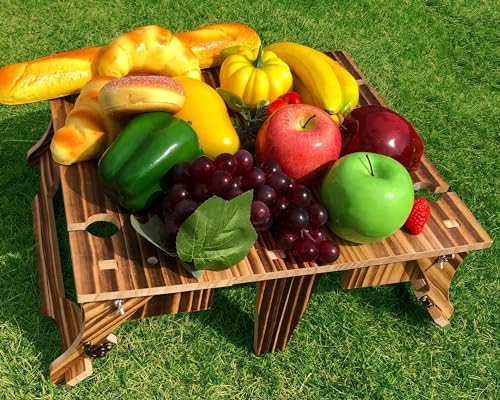 Wooden Folding Picnic Table with Storage Basket - 2-in-1 Portable Outdoor Table with Wine Glass Holder, Ideal for Champagne, Snacks and Beach or Park Picnics (Vintage)