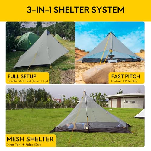 LANSHAN Ultralight Tent 3-Season Backpacking Tent for 1-Person or 2-Person Camping, Trekking, Kayaking, Climbing, Hiking - color: 1-person, grey