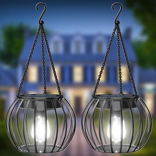Solar Powered Lights Outdoor Waterproof Hanging Lights for Outside 15" Metal Solar Lanterns Decorative Outdoor Garden Yard Patio Pathway Decor 2 Pack,Cool White