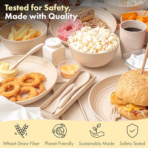 FOODLE Wheat Straw Dinnerware Set - BPA Free & Safety Certified - Unbreakable, Microwave & Dishwasher Safe Dishes - Picnic, Dorm, RV, Camping Plates Cups and Bowls - Great for Kids & Adults - For 6 - color: Pastel Beige