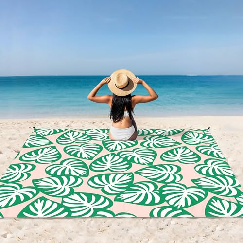 Beach Blanket Waterproof Sandproof, 9 Ft X 10 Ft Extra Large Sand Free Beach Mat, Big Compact Lightweight Quick Drying Picnic Blanket with 4 Stakes & Pockets for Camping, Travel, Hiking - color: Palm Leaf, size: 9x10 FT (1～8 Person)
