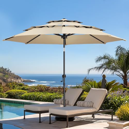 wikiwiki 9ft 3-Tier Patio Umbrella Outdoor Table Market Umbrella for Patio with Push Button Tilt/Crank, Fade Resistant Waterproof POLYESTER Canopy for Garden, Lawn, Deck, Backyard & Pool, Beige - color: Beige, size: 9 FT