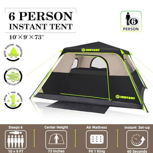 4/6/8/10 Person Instant Tent, Waterproof Pop Up Tents for Camping with Rainfly, 60 Seconds Easy Setup, Automatic Cabin Tent for Family Camping with Expandable Carry Bag & Upgraded Ventilation - color: Black, size: 6 Person