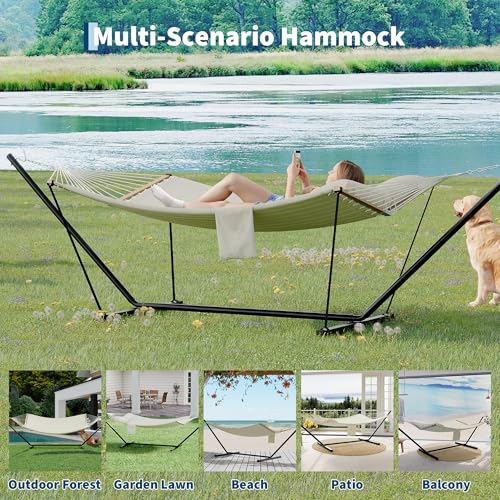 2 Person Double Hammock with Adjustable Steel Stand & Pillow, Heavy Duty Portable Outdoor Hammock Set, MAX 450 LBS Weight Capacity for Patio, Garden, Beach, Backyard - color: V-off-white