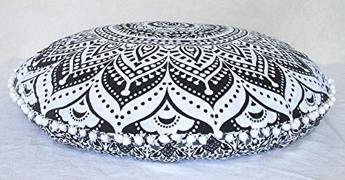 CRAFT KALA 32" in Round Mandala Floor Pillow Cushion Cover Seating Throw Cover Hippie Decorative Bohemian Ottoman Poufs Pillow Cover Cases Boho Cotton Living Yoga Home Décor Room (Grey Ombre) - color: Grey Ombre
