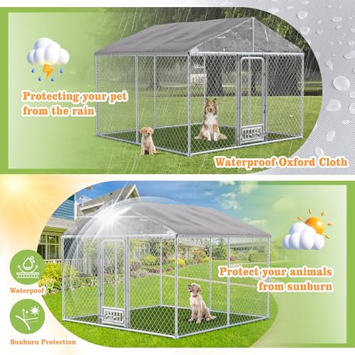 Grepatio Outside Dog Kennel with 2 Rotating Feeder Bowls, 10'x10' Outdoor Dog Kennel with Waterproof, Dog Enclosure for Large Dogs, Dogs Kennels Run Dog Playpen Fence with Secure Lock (10x10 FT) - size: 10x10 FT