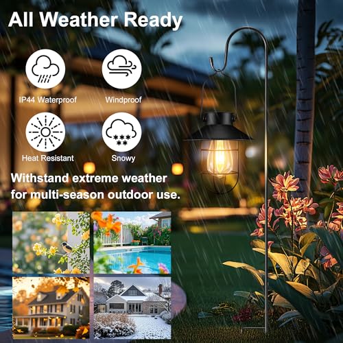 pearlstar 2 Pack Solar Lights Outdoor, Hanging Solar Lanterns with Edison Bulb and 2 x 32 Inch Shepherd Hooks, Waterproof Landscape Lighting for Garden Patio Yard Pathway Driveway Lawn (Black) - style: Black Lanterns