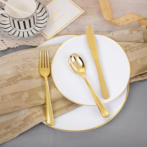 Supernal 350pcs White and Gold Plastic Plates,Gold Plastic Dinnerware for 50 Guests Include 100 White Disposable Plate, 150 Gold Silverware Set, 50 Disposable Cups, 50 Napkins - color: 350pcs White Plastic Plates with Gold Rim