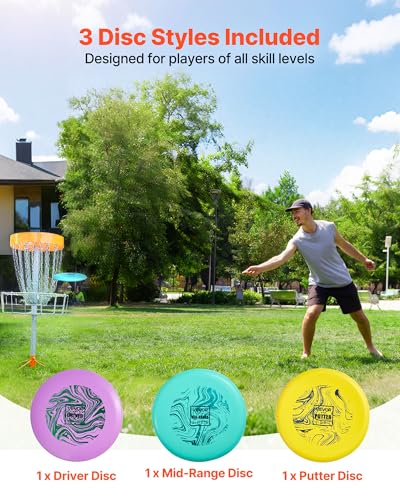 VEVOR Disc Golf Set, 3 Pack Disc Golf Starter Set, Beginners Flying Discs for Full-Body Strength Training, with Putter, Mid-Range, Driver, for Outdoor Backyard, Lawn, Beach, and Park