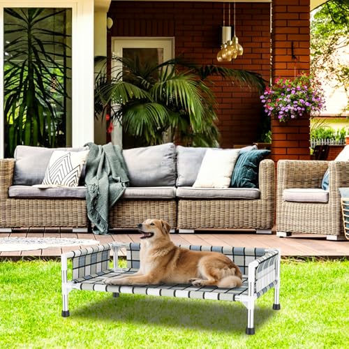 Elevated Raised Outdoor Dog Bed - Cooling Washable Dog Cot with Guardrail, Durable & Breathable Cotton Mesh Pet Hammock Beds with Stainless Steel Pipe Frame for Medium Pets (34'' x 20'' x 12'') - size: 34'' x 20'' x 12''