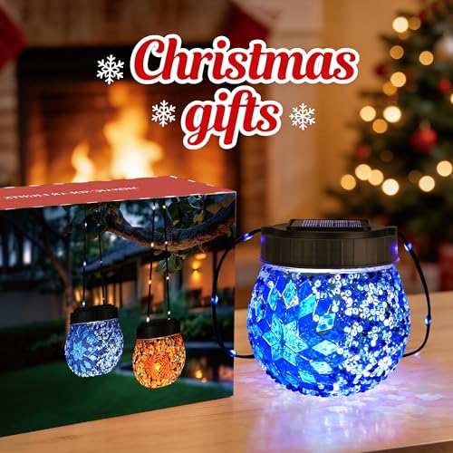 Mosaic Solar Lights Outdoor 6 Pack, Solar Hanging Lanterns Christmas Halloween Gifts for Women Mom Grandma, Waterproof Glass Globe Lights, Garden Patio Decor for Yard, Tree, Balcony, Cold - color: Blue, size: 6