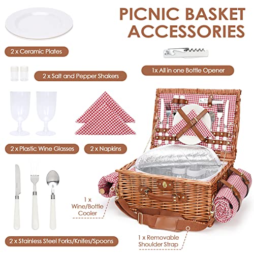 Picnic Basket for 2, Picnic Baskets with Waterproof Blanket, Picnic Hamper Set with Washable Beach Mat & Large Insulated Cooler Compartment, Handmade Natural Wicker Hamper for Camping, Outdoor Party - style: RedCheck-2P