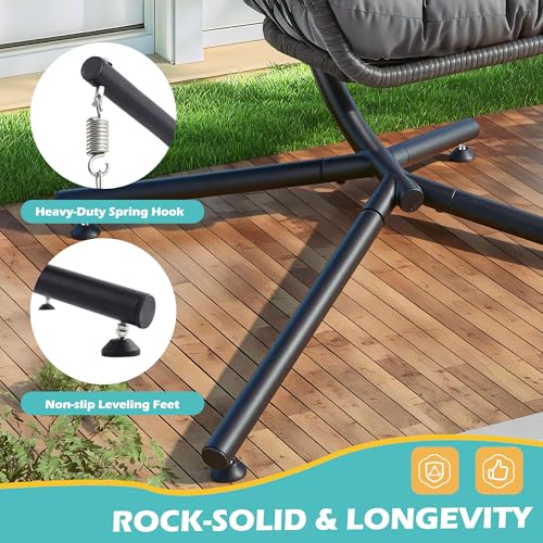 Outdoor Hanging Egg Chair with Stand & Oversized Cushion, 350LBS Capacity Heavy-Duty Patio Swing Hammock Chair, Thickened Metal Frame for Garden, Balcony, Bedroom (Gray, Solo) - color: Grey, size: Solo
