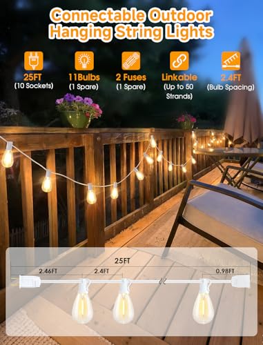 Larkvue 25FT LED Outdoor String Lights, 10+1 Edison S11 Dimmable Bulb Waterproof Shatterproof Patio Lights, Linkable Hanging Strand for Yard, White - color: White