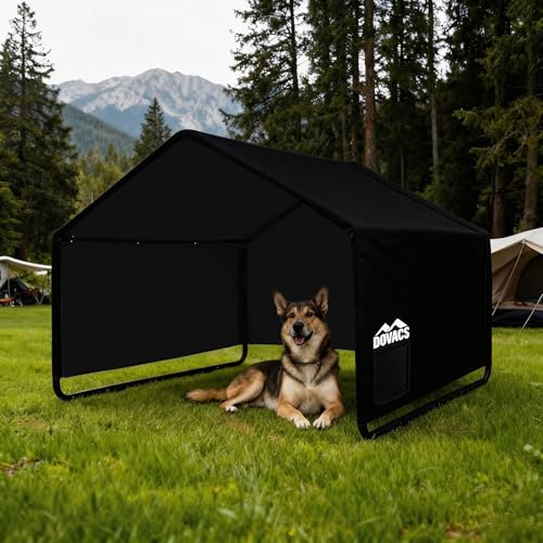 3 in 1 Extra Large Dog House Outdoor,Dog Shade with Roller Shutters and Removable Rear Door，Outside Sun Rain Canopy Pet House for Pet Cat Chicken Livestock 4'x 4'x 3.3' (Black) - color: Black