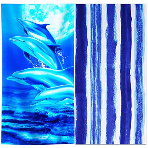 Genovega 2 Packs Oversized Beach Towel Set Extra Large Big XL Pool Camping Swim Clearance Towels 36x72 Soft Blanket Cruise Essentials Accessories Must Haves Vacation Necessities Adult Stripe Dolphins - color: Stripe Dolphins