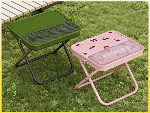 Portable Foldable Camping Stool Chair - Ultralight Travel Stool with Storage Pocket, Handbag Style Design, Double Set、Couple Set (OD Green & Pink Cherry) - color: Od Green & Pink Cherry