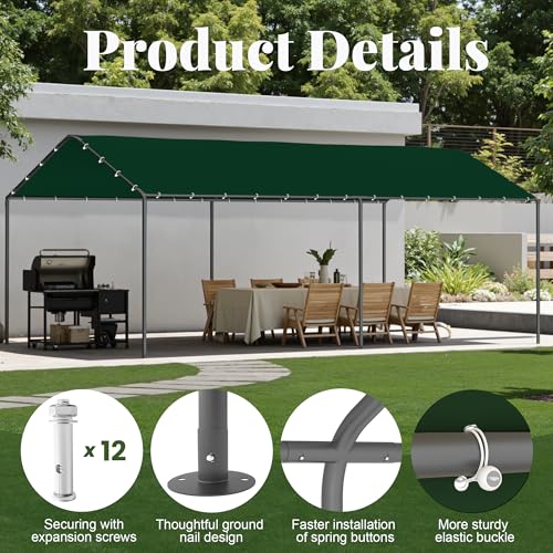 Carport, 10‘ x 20’ Heavy Duty Portable Garage All-Season Car Canopy, Outdoor Garage Boat Shelter Carport Canopy Party Tent w/Water-Resistant Tarp for Backyard (Green, 10' x 20' /no Side) - color: Green, size: 10' x 20' /no side