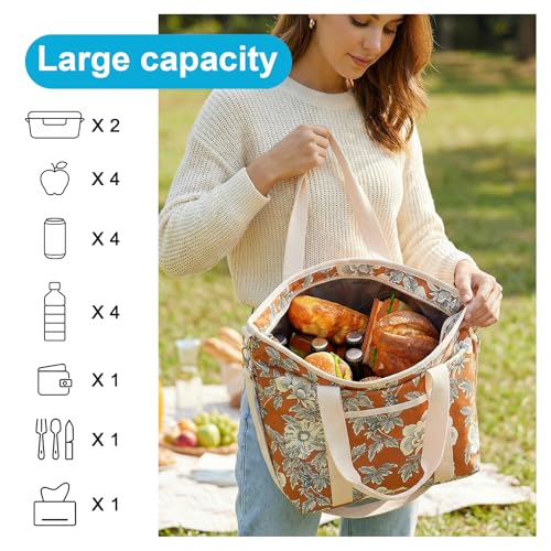 Nanxson 9L/15L/29L Extra Large Insulated Lunch Bag for Women Adult Reusable Leakproof Picnic Lunch Box Freezable Cooler Tote Bag (29L,B-Orange Flower) - color: B-Orange Flower, size: 29L