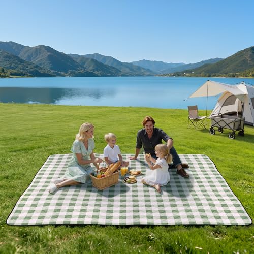 TigeJoy Extra Large Picnic Blanket Waterproof Foldable 80''x118'', Outdoor Picnic Mat Beach Blanket Sandproof for Park, Grass, Travel, Hiking, Camping Essentials, Gingham Picnic Blanket - color: Green, size: 6'8" x 9'10" (Rectangular)