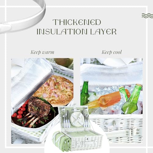Picnic Basket Set for 4 with Waterproof Blanket Mat Insulation Bag Wicker White Green Plaid Classic Fresh Gift for Christmas Thanksgiving Wedding Birthday Camp Outdoor Beach Travel - color: Green Plaid