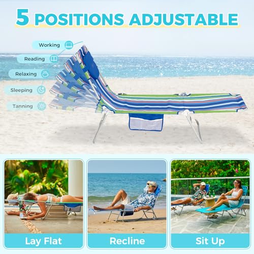 #WEJOY Folding Tanning Chair with Face Hole, 5 Positions Face Down Beach Lounge Chairs with Pillow for Outside Sunbathing Poolside (Blue/Green) - color: Readease-face Hole Blue/Green, style: ReadEase 5 Position Face Hole