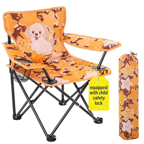 Huskfirm Padded Kids Camping Chair Folding Toddler Chair with Cup Holder & Safety Lock Portable Kids Beach Chair Ages 3-6 for Outdoor Camping Foldable Kids Chair Support 120lbs,Orange Dog - color: Orange Dog