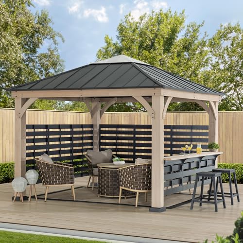 Sunjoy 11 x 11 ft. Hardtop Gazebo Cedar Wood Framed Hot Tub Gazebo with Steel and Polycarbonate Hardtop and bar Shelf, Matte Black by SummerCove - style: Gazebo w/Bar Shelf