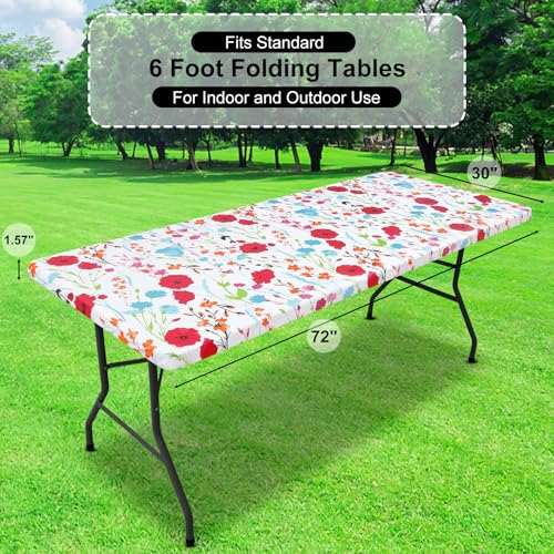 misaya 2 Pack Vinyl Tablecloth, Fitted Table Cover, 100% Waterproof, Elastic Edge, Flannel Backing, Plastic Table Cloth Fit 6 Foot Folding Tables for Picnic, Camping, Outdoor (Flowers, 30x72 inch) - color: Off White, size: 72" X 30" (Rectangular)- 2 Pack