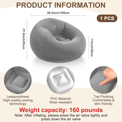 Realspring Inflatable Bean Bag Chairs for Adult Blow up Chairs Lazy Sofa Folding Portable Inflatable Chair for Movie Outdoor Room Bedroom Reading Camping(Grey) - color: Grey