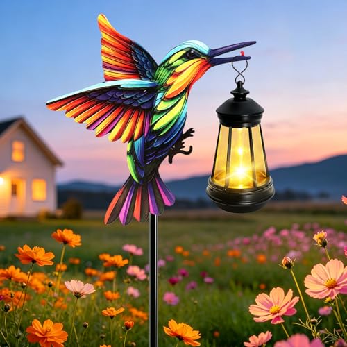ANGMLN Hummingbird Solar Lights Outdoor, Hanging Lantern Waterproof, Birthday Gifts for Women Mom Mother's Day, Metal Garden Statue Yard Decor Patio Pathway Backyard Lawn Ornaments - color: Hummingbird