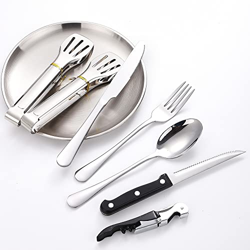 Camping Silverware Silver Picnic Plates and Utensils Set for 4 Portable Tableware Stainless Steel Dinnerware 20 Pieces With Organizer Bag Reusable Durable - size: 20, style: Silver Camping Flatware