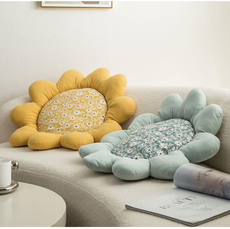 27.5" 3D handmade stitching sunflower shaped pillow flat round flower floor pillow pure cotton patio furniture cushion bedroom sofa bed decoration (Oval petals) - color: Oval Petals