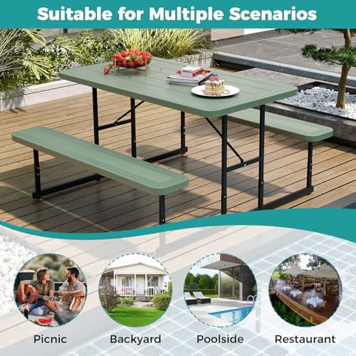 LDAILY Picnic Tables with Benches, Rectangular Dining Table Set for Outside 4 People, HDPE Tabletop, Metal Frame, Umbrella Hole, Heavy Duty Picnic Table for Outdoors, Patio, Lawn, Commercial (Green) - color: Green